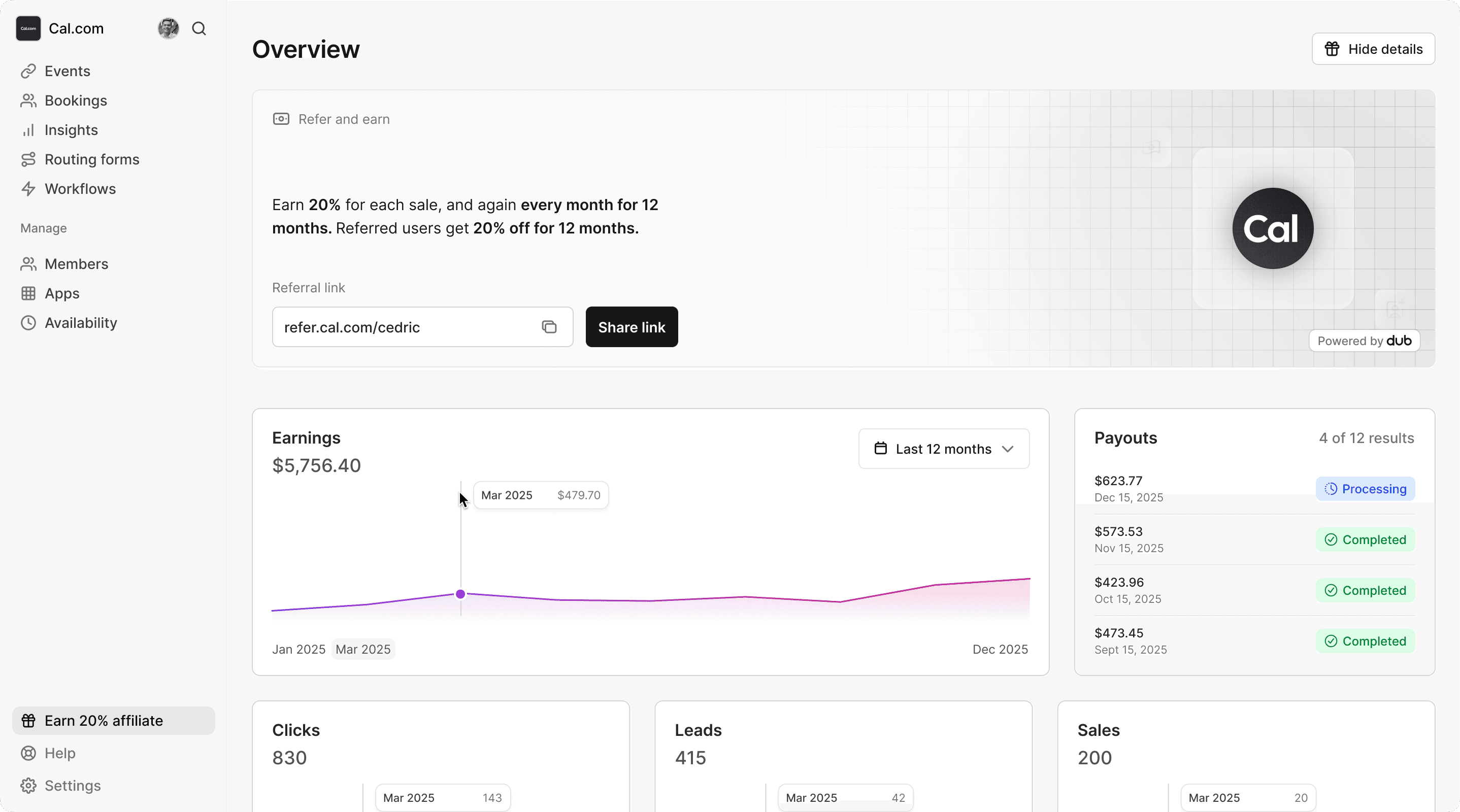 The referral dashboard: your link, earnings over the last 12 months and payouts