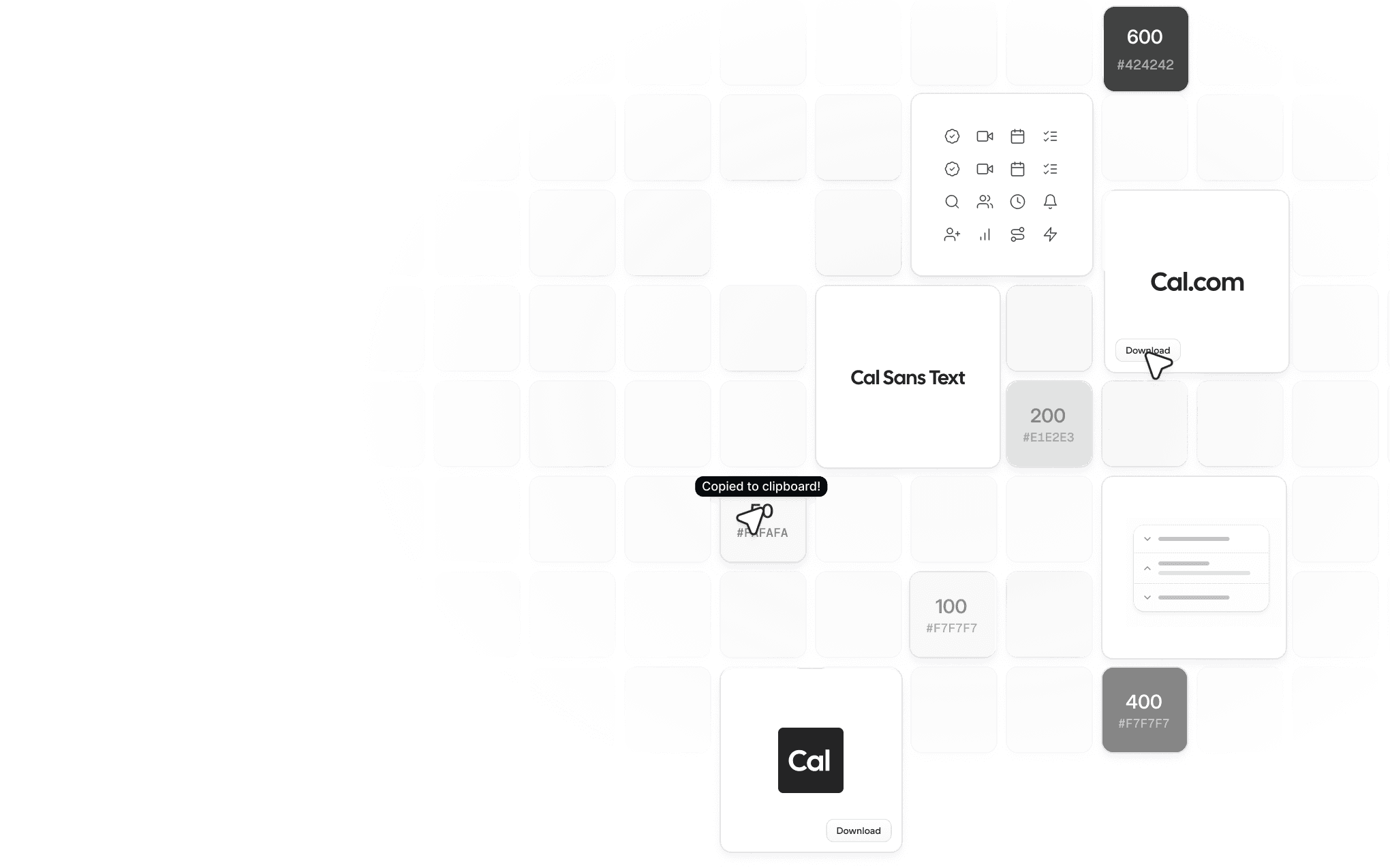 Cal.com logo, icon, colour and type assets laid out on a grid