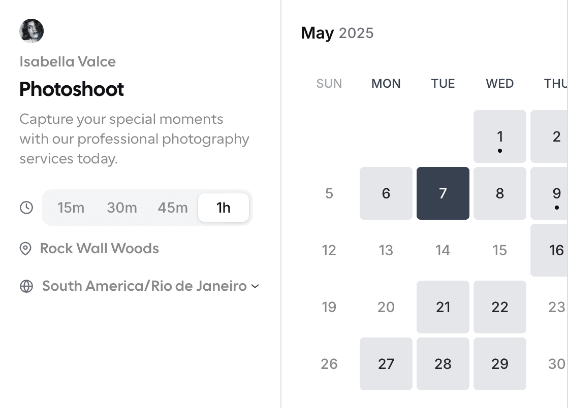 Cal.com booking page showing service details, duration options, and a live availability calendar