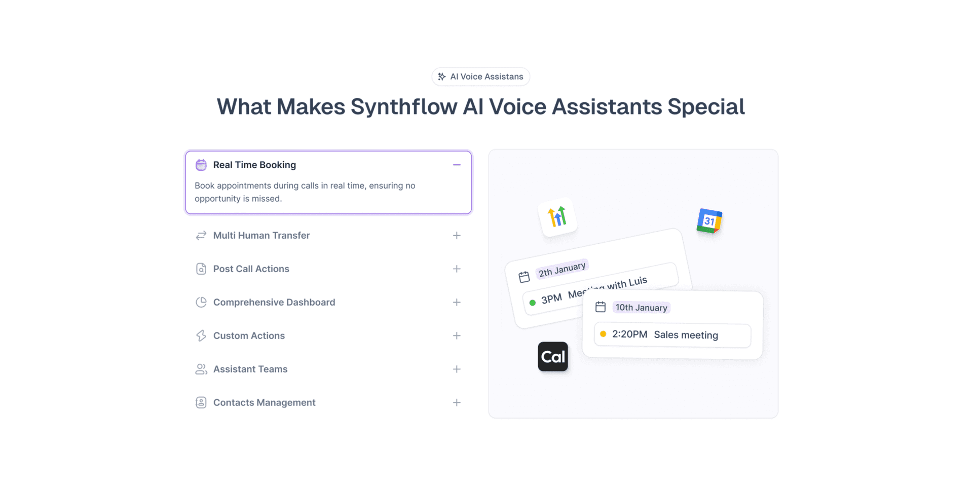 Synthflow AI voice assistant features and scheduling UI