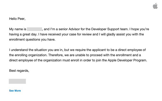 Screenshot of an Apple developer support email