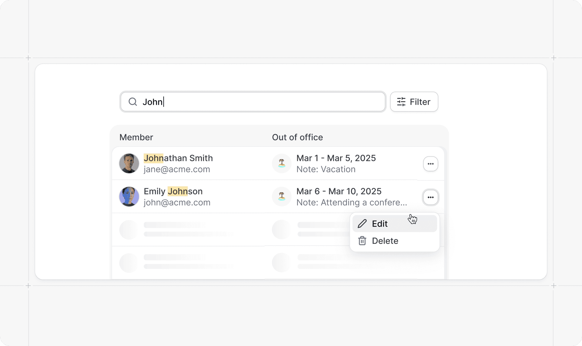 Out of office list with edit and delete menu