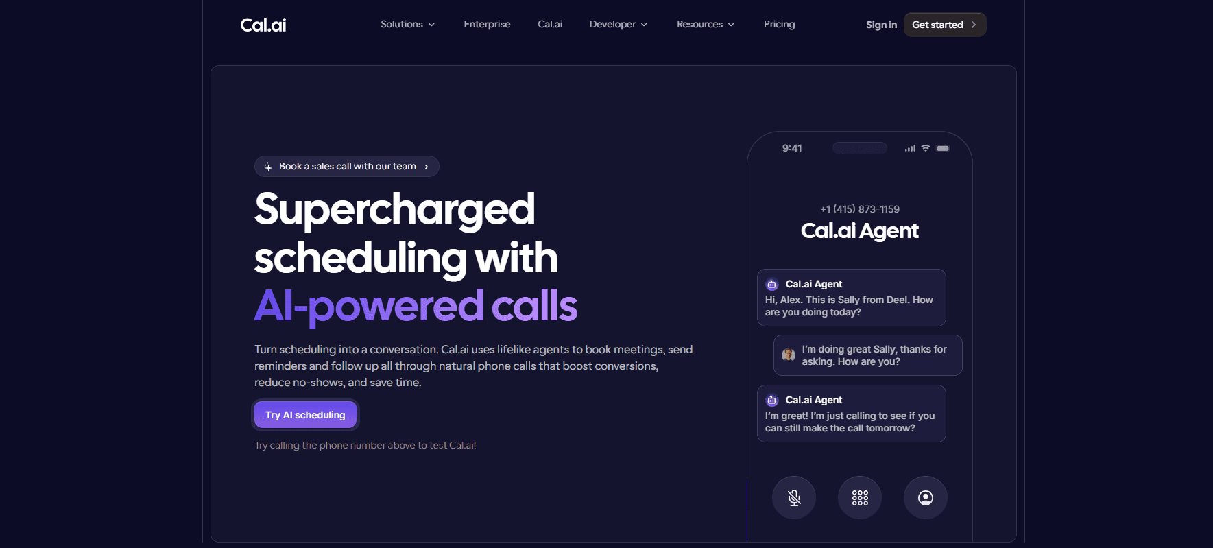 Cal.ai homepage hero for AI-powered phone scheduling