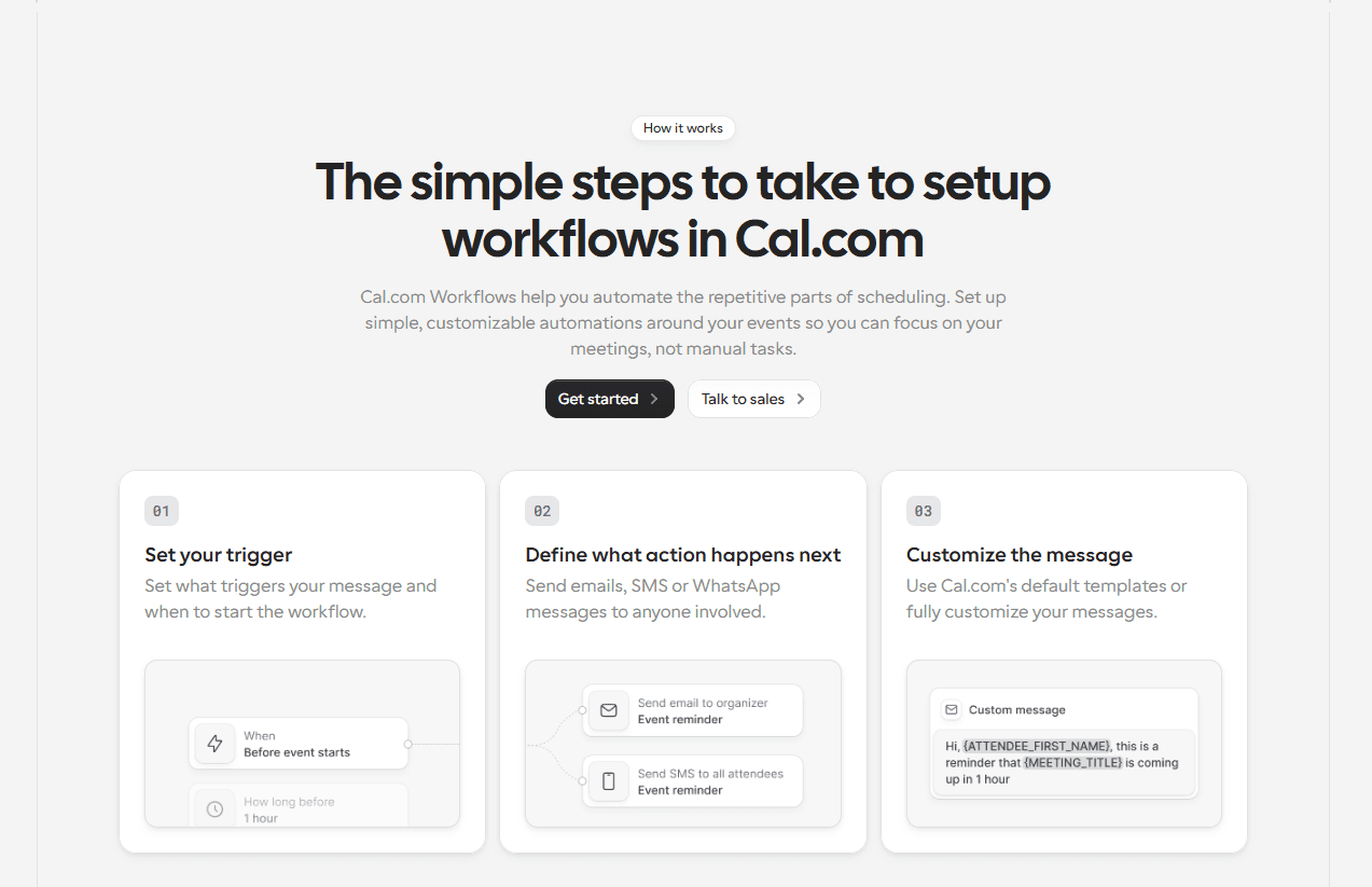 Cal.com workflow setup steps page
