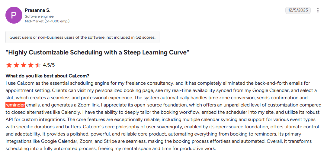 Screenshot of a G2 review for Cal.com