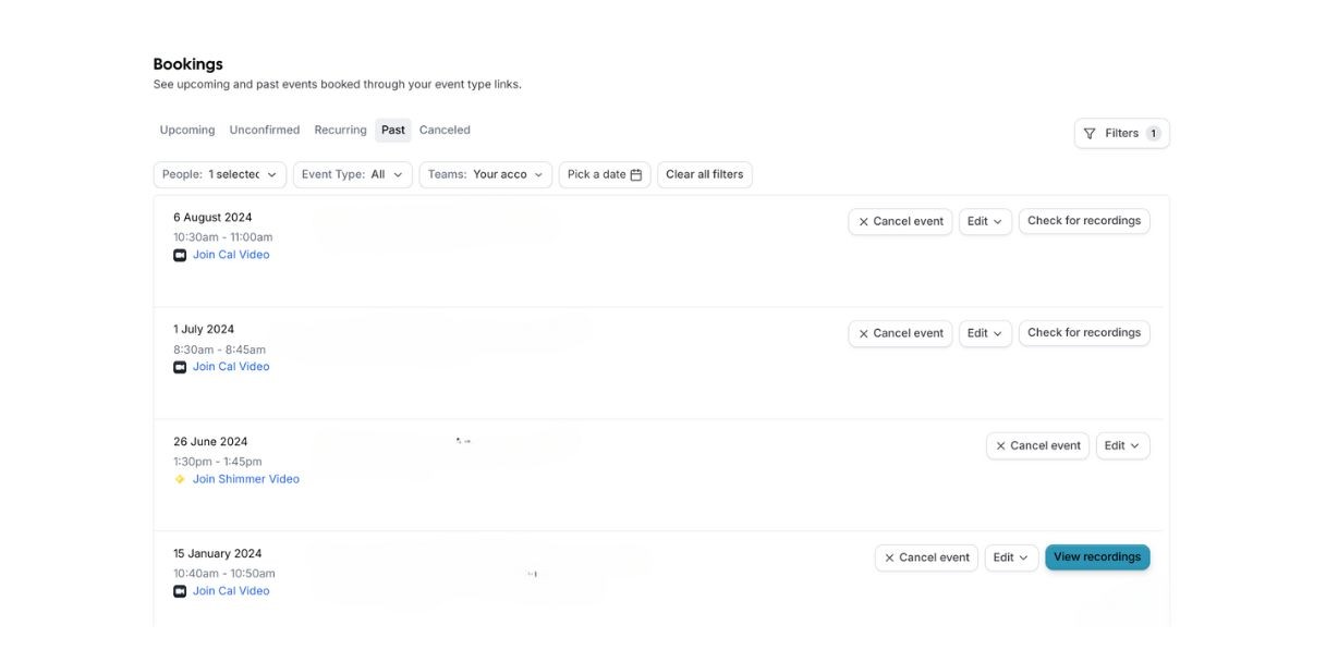 Screenshot of Cal.com bookings dashboard list