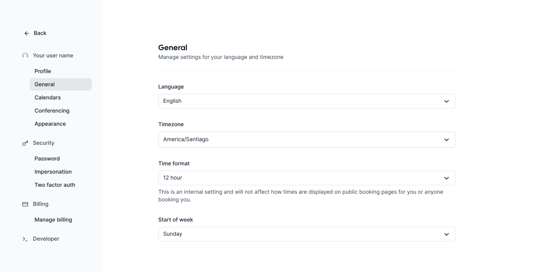Screenshot of Cal.com general account settings