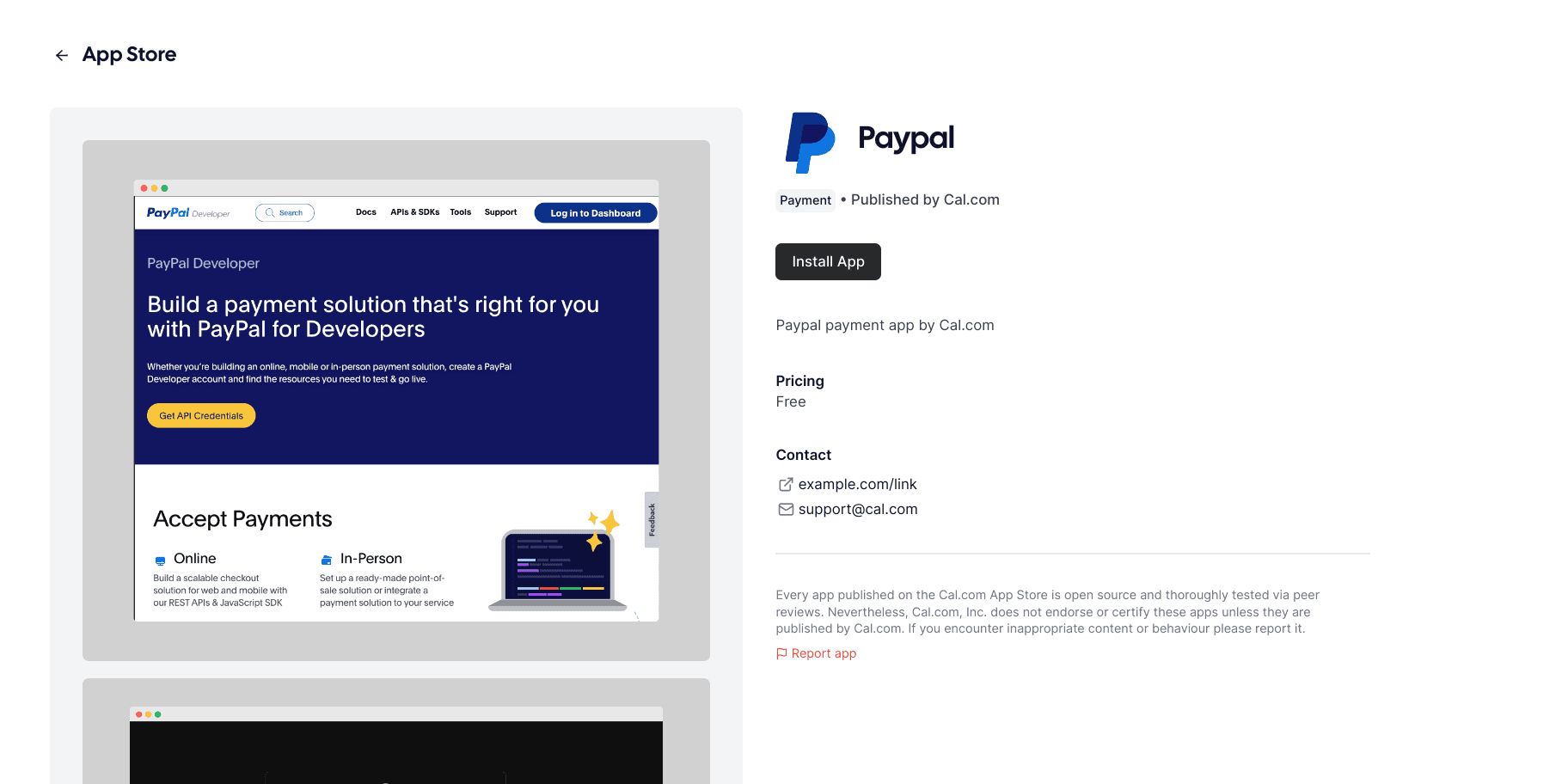 Cal.com App Store listing for the PayPal integration