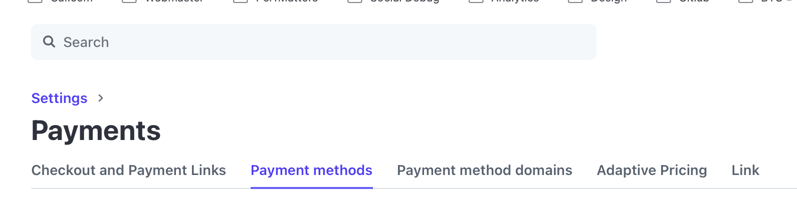 Cal.com payments settings page with payment methods tab