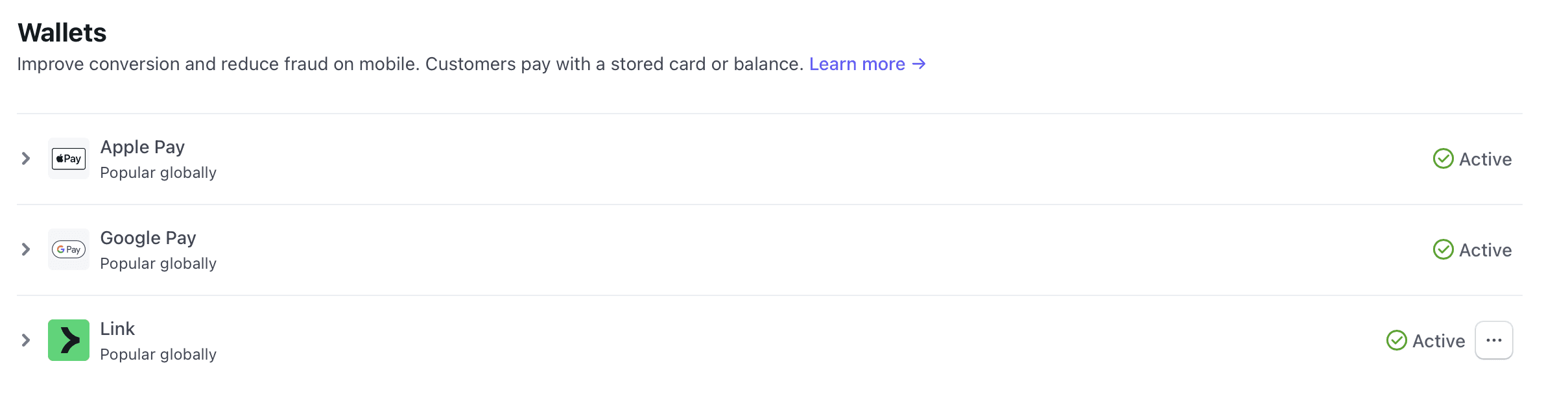Payment wallets settings list with Apple and Google Pay