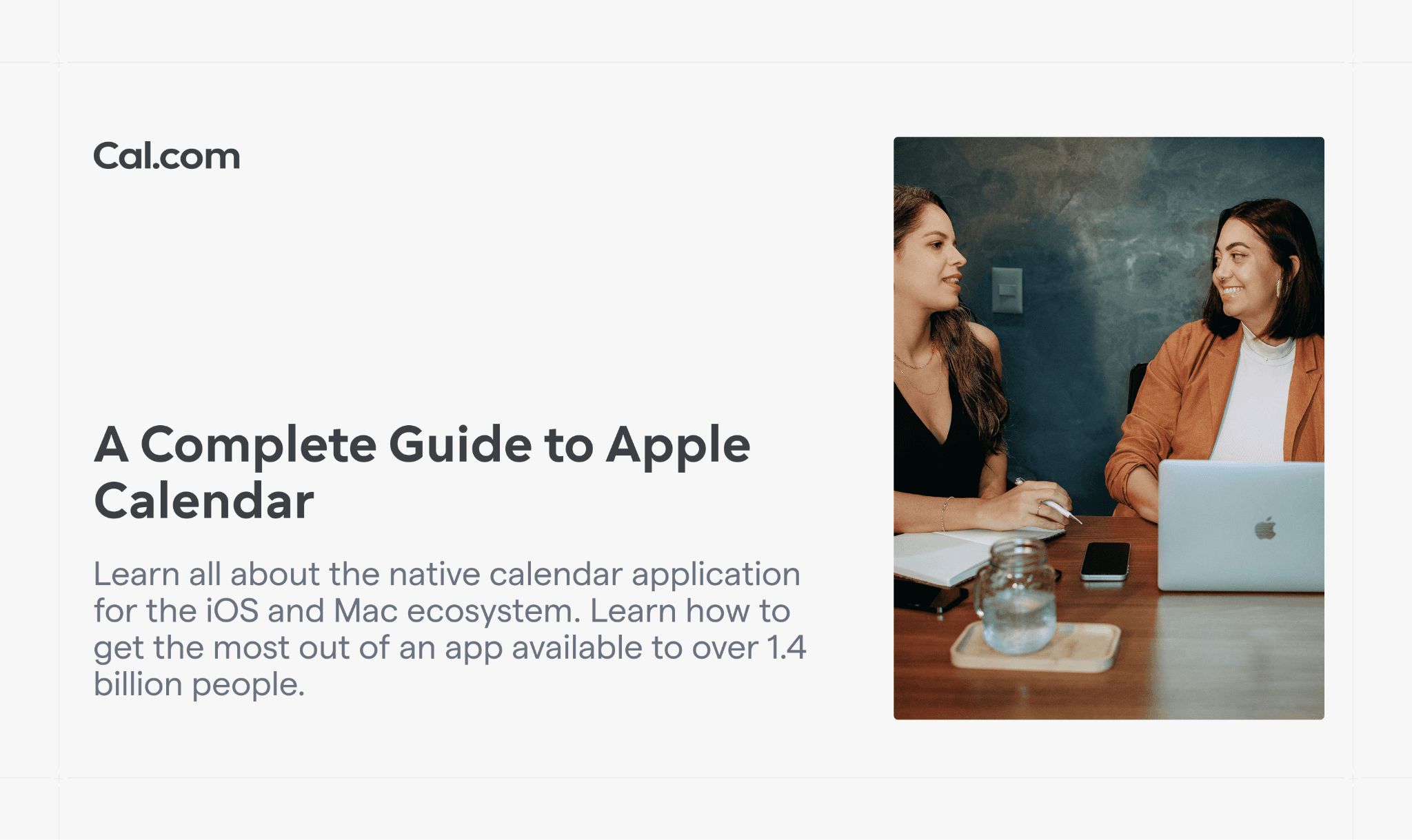 Two women reviewing laptop with Apple Calendar guide title
