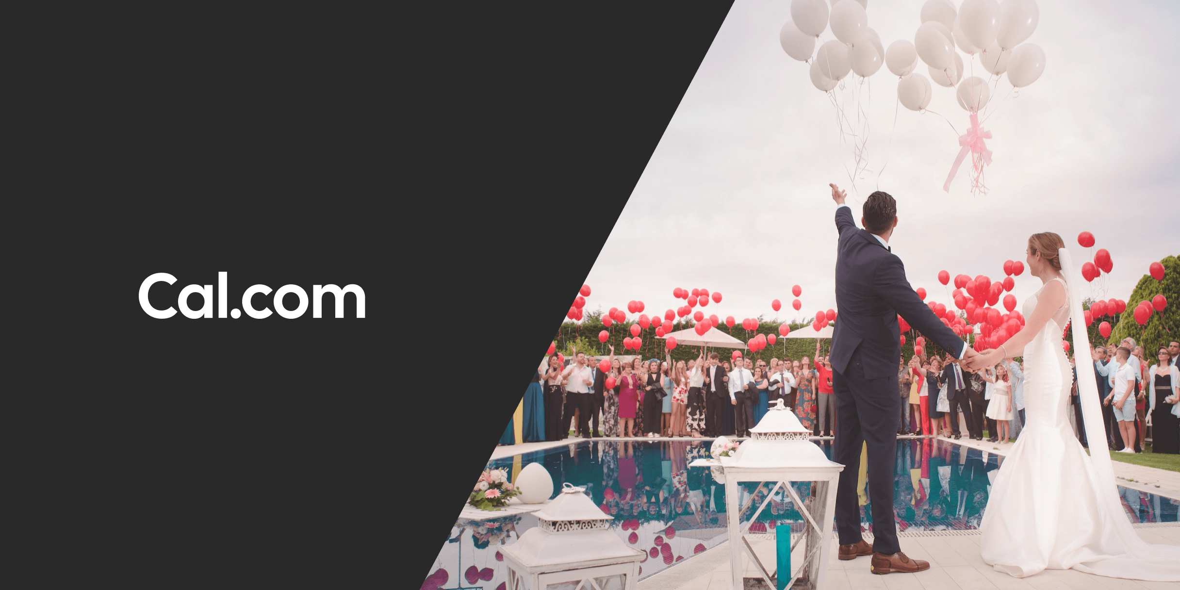 Cal.com logo beside a couple releasing balloons at their wedding