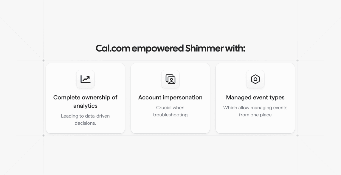 Cal.com feature cards for Shimmer case study