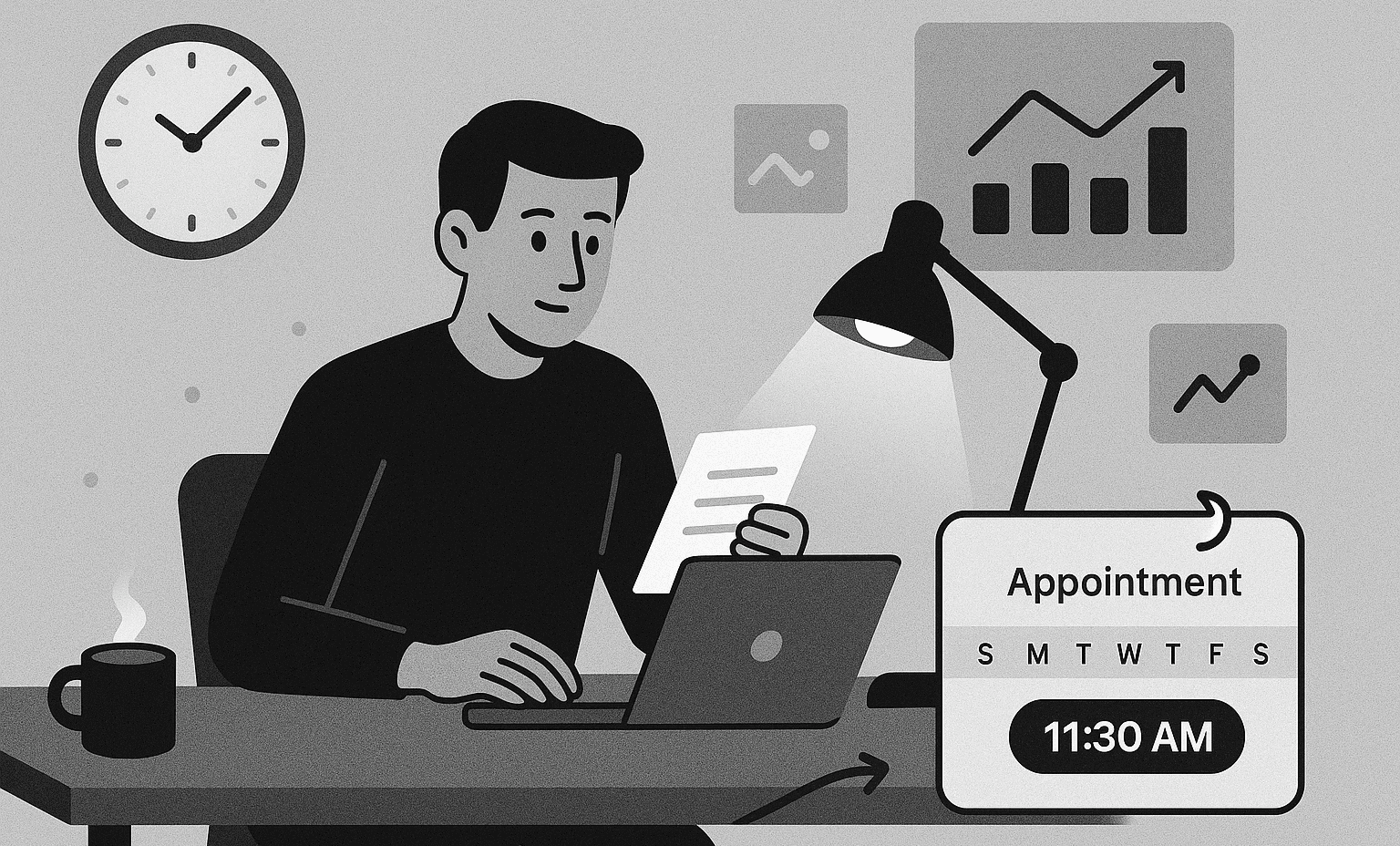 Illustration of a man at a desk with appointment card