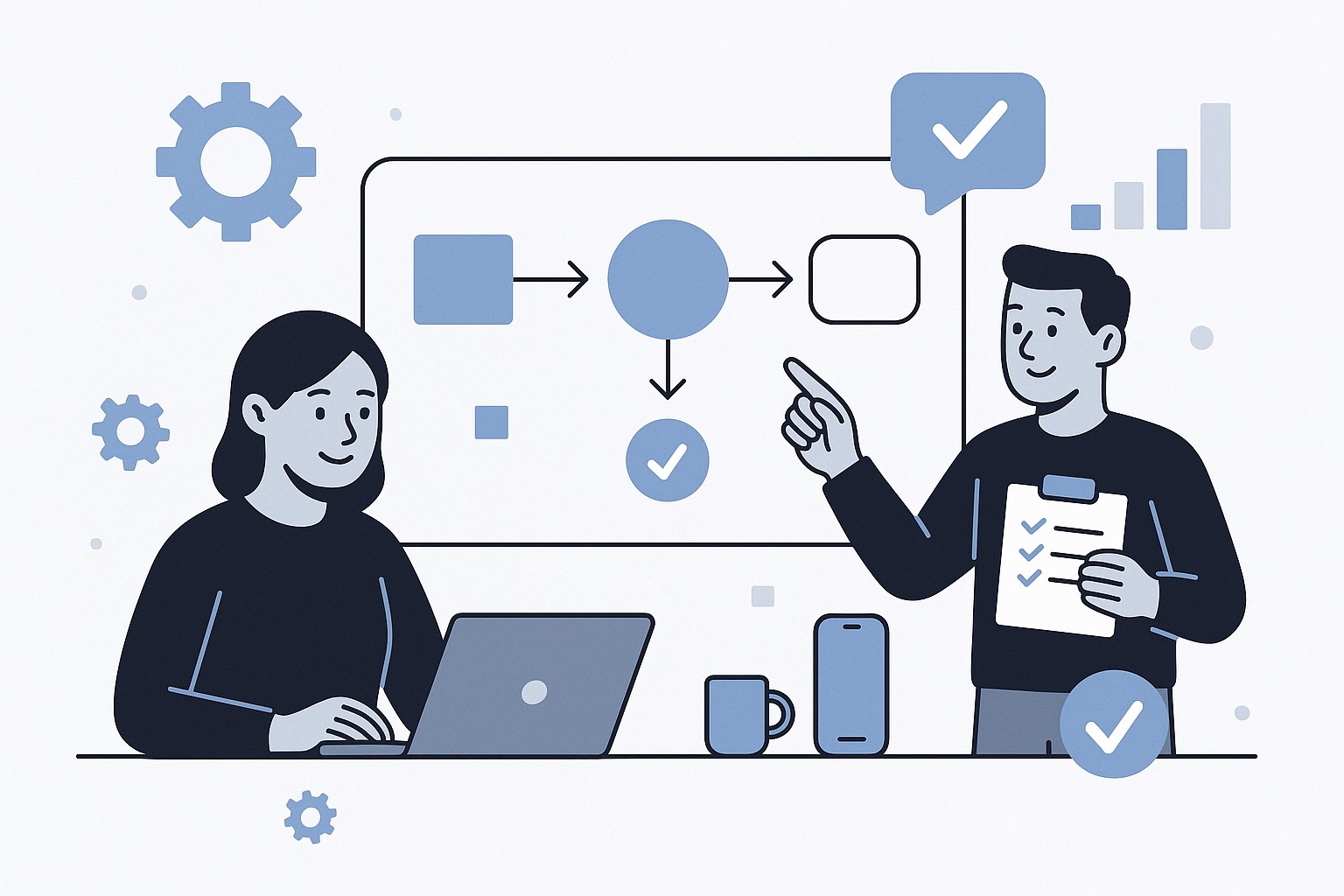 Illustration of two people reviewing a workflow diagram