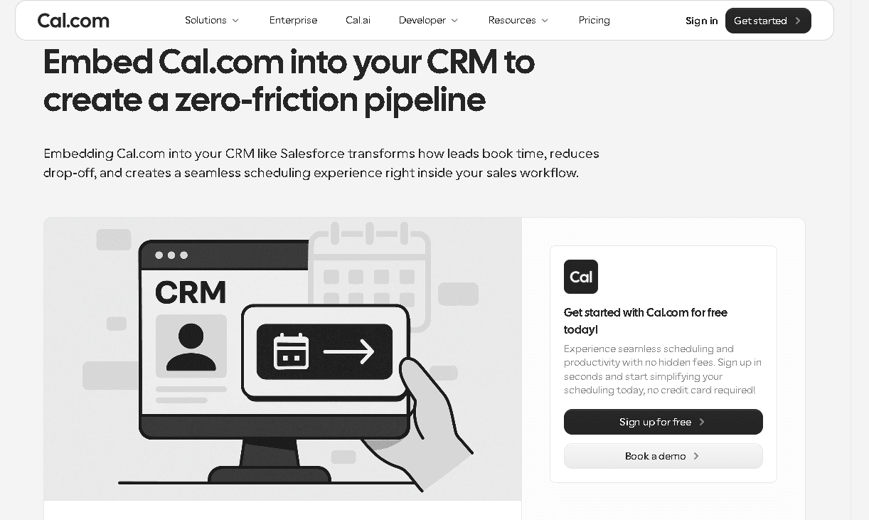 Cal.com CRM integration concept art, demonstrating how to sync scheduling workflows with sales platforms like Salesforce to reduce lead drop-off.