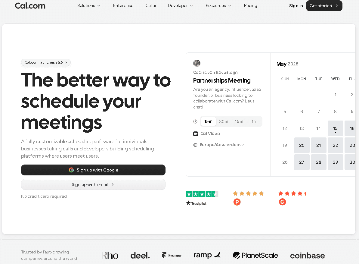Cal.com meeting scheduling platform landing page featuring a partner meeting booking form and social proof from various companies.