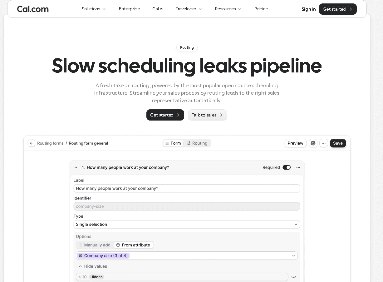 Cal.com's automated lead routing form setup, featuring custom fields and logic for qualifying inbound sales inquiries.