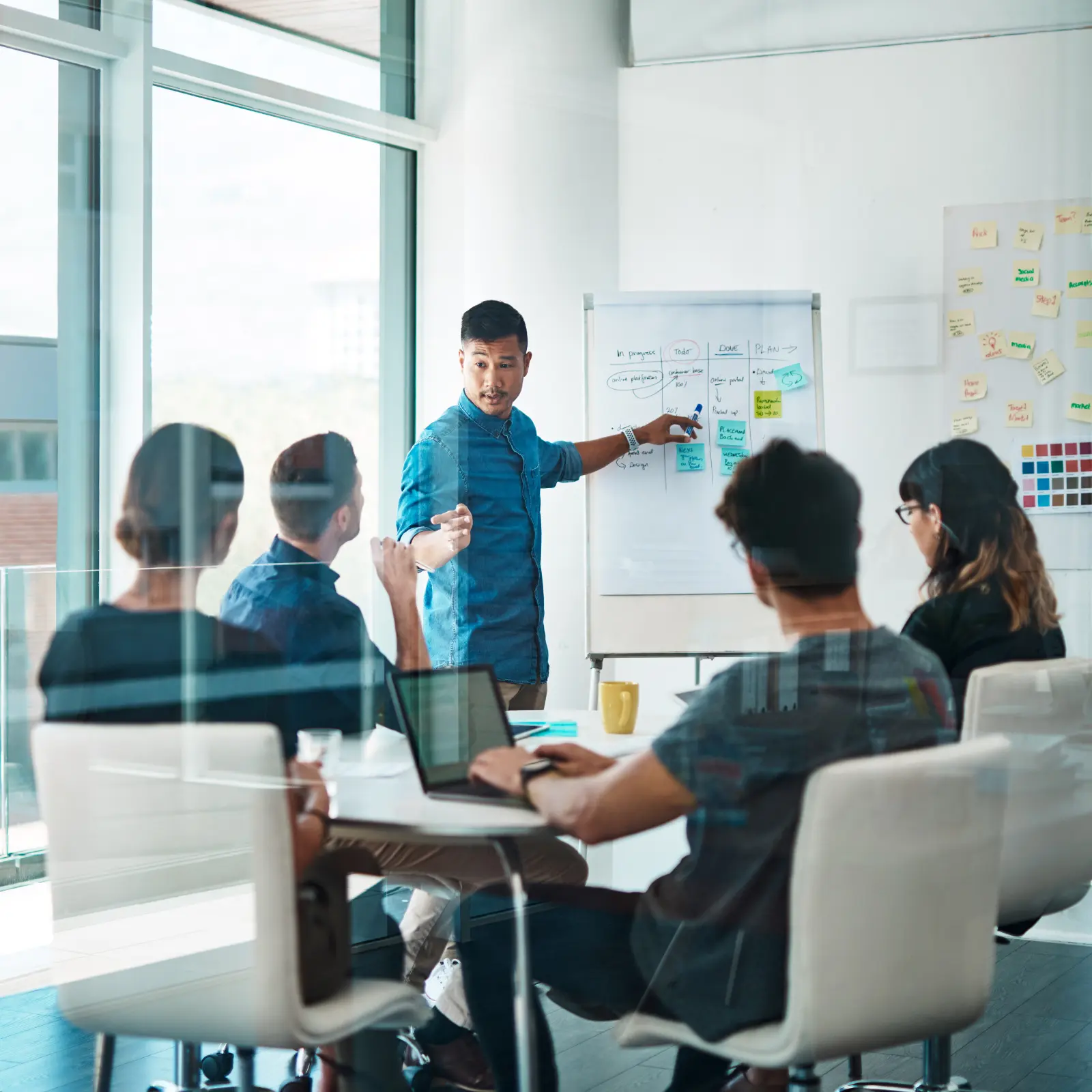 Open source calendar scheduling represented by a team planning together with a whiteboard in a modern office.