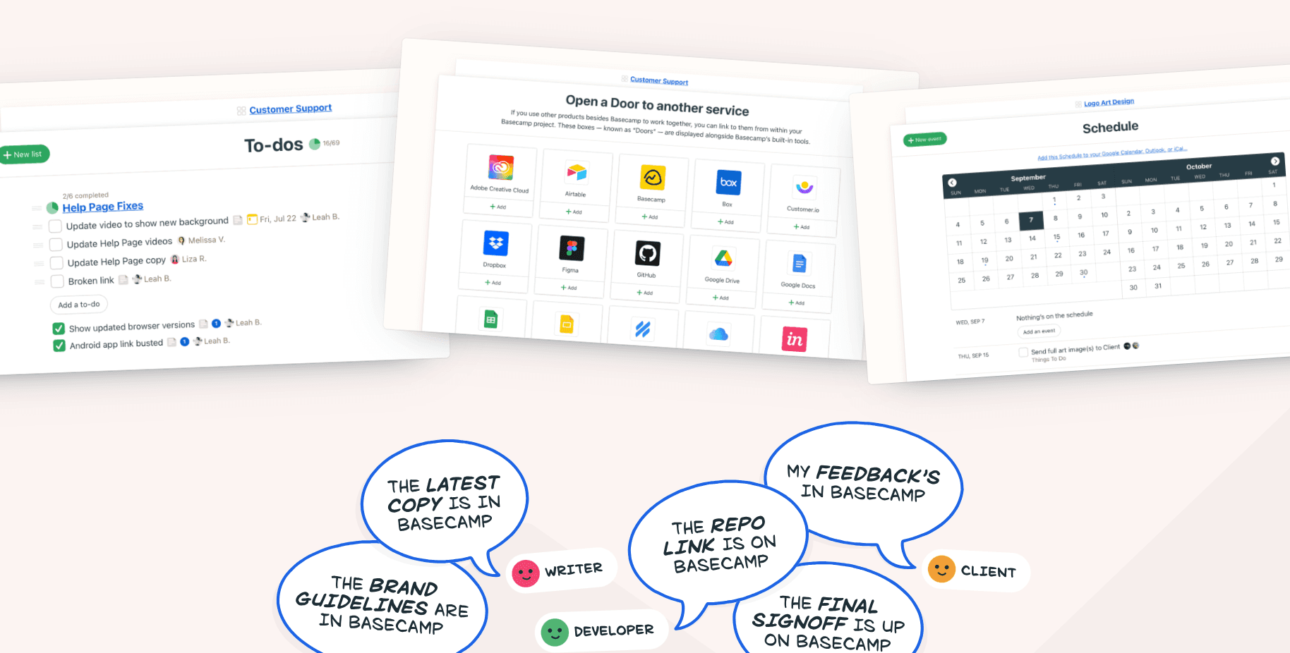 Basecamp screenshots with speech bubbles about project updates