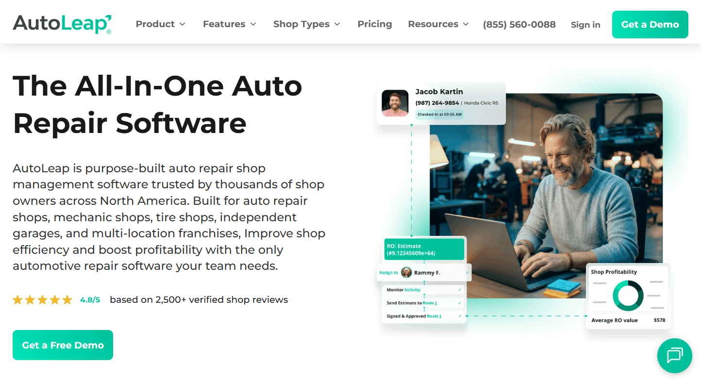 Screenshot of AutoLeap auto repair software homepage