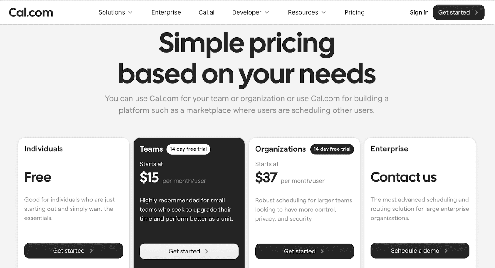 Cal.com pricing page.