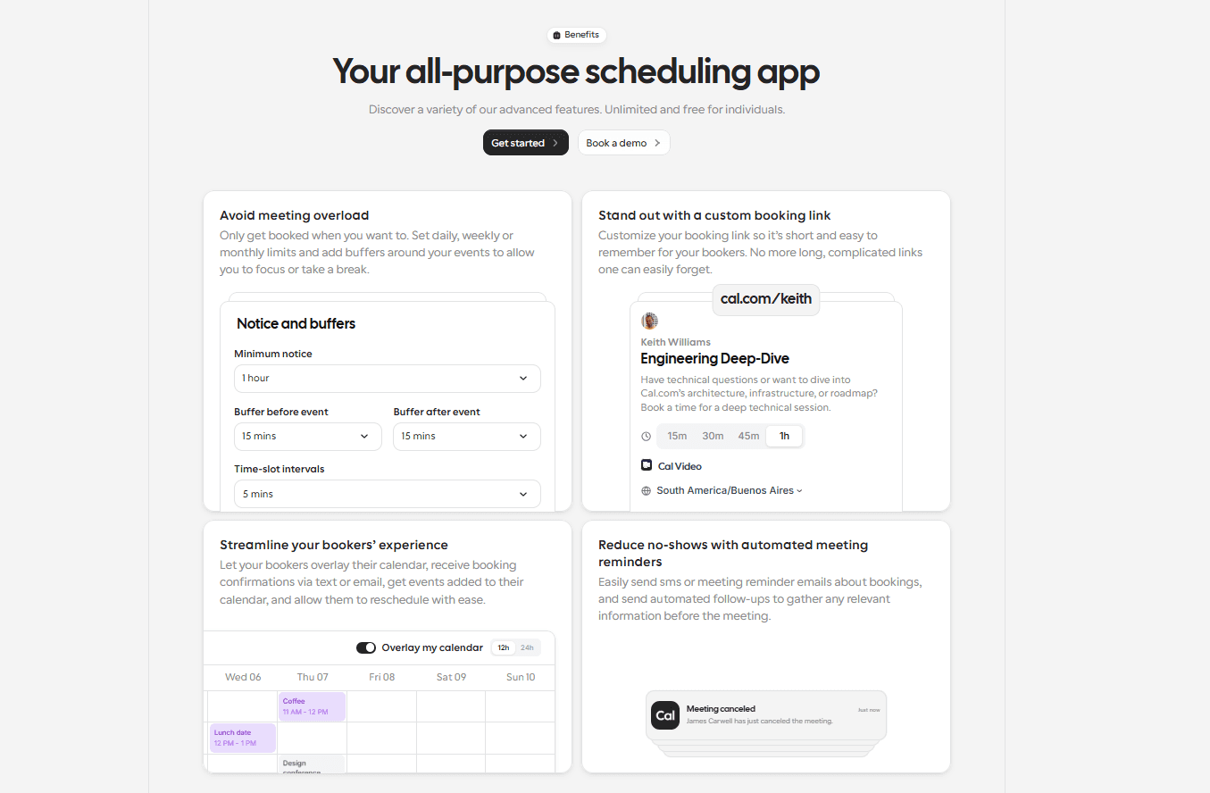 Cal.com scheduling app feature overview screenshot