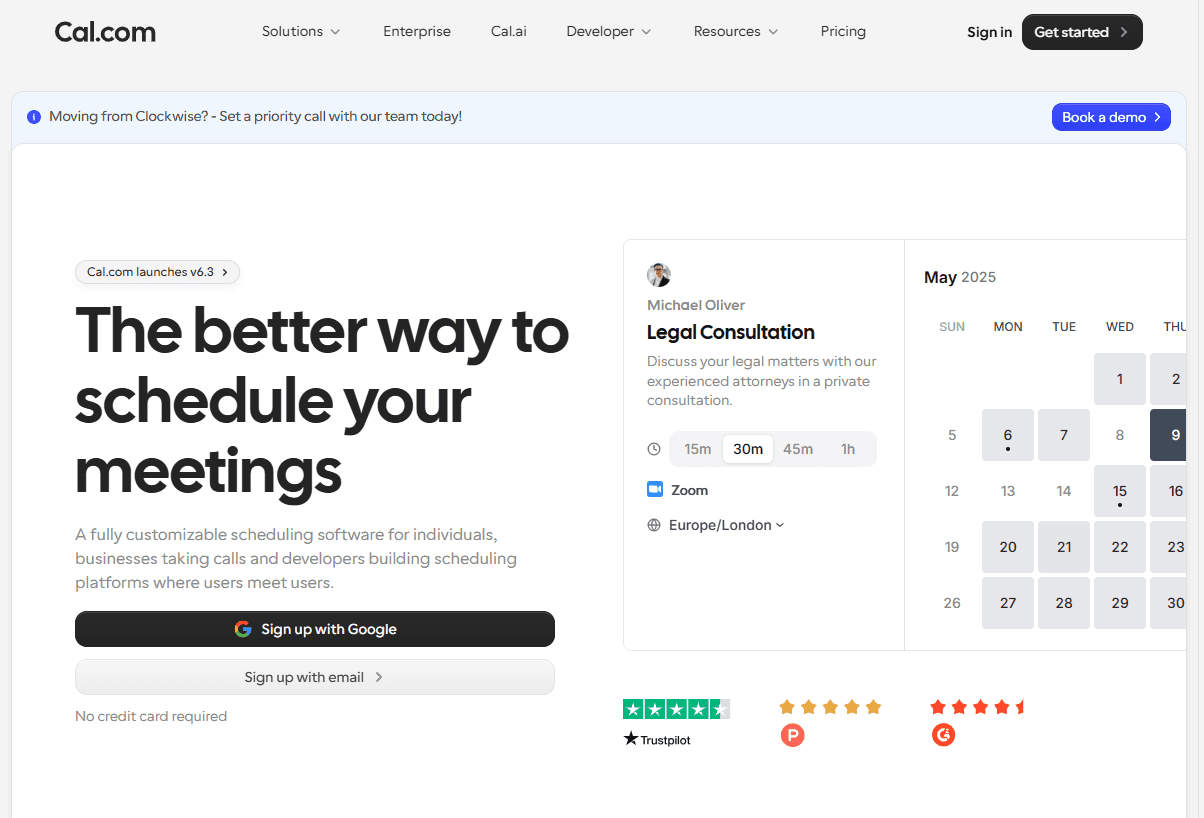 Cal.com homepage hero with scheduling widget