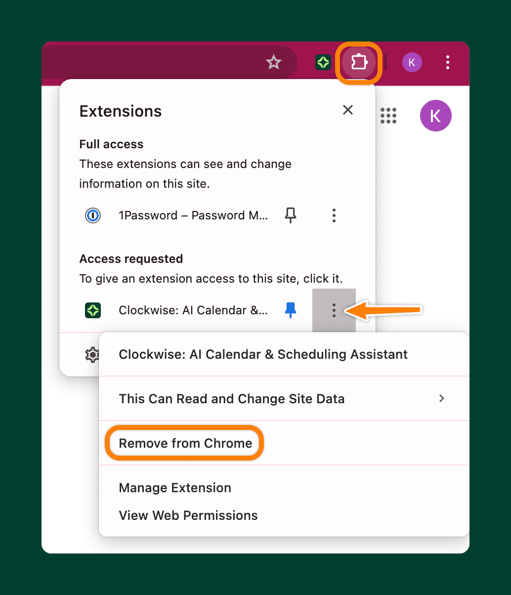 Chrome extensions menu removing a calendar extension