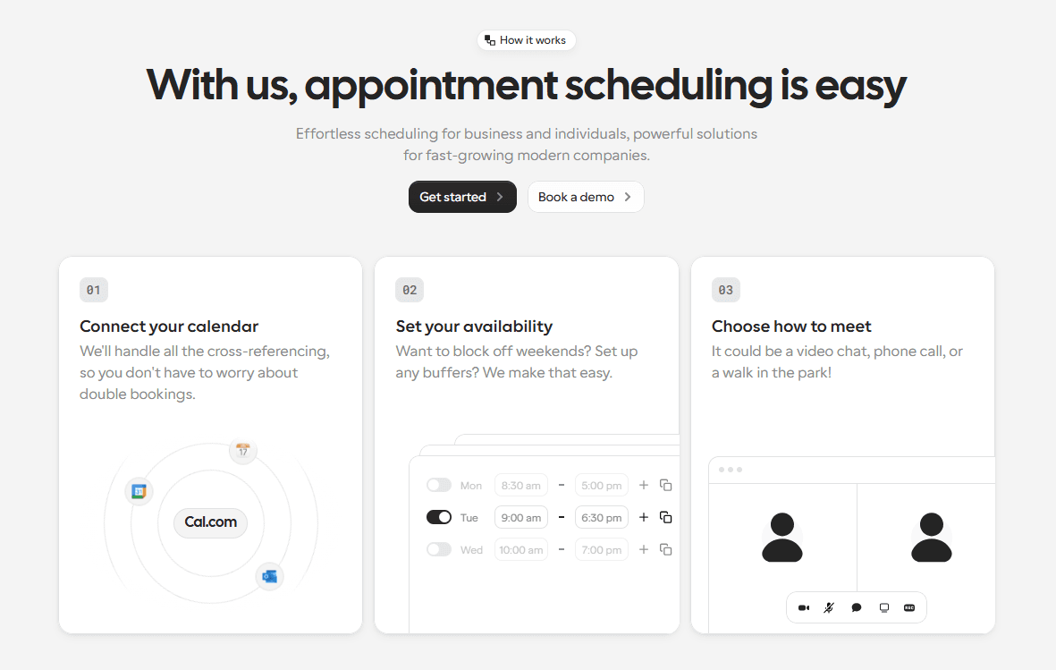 Appointment scheduling landing page with three setup steps