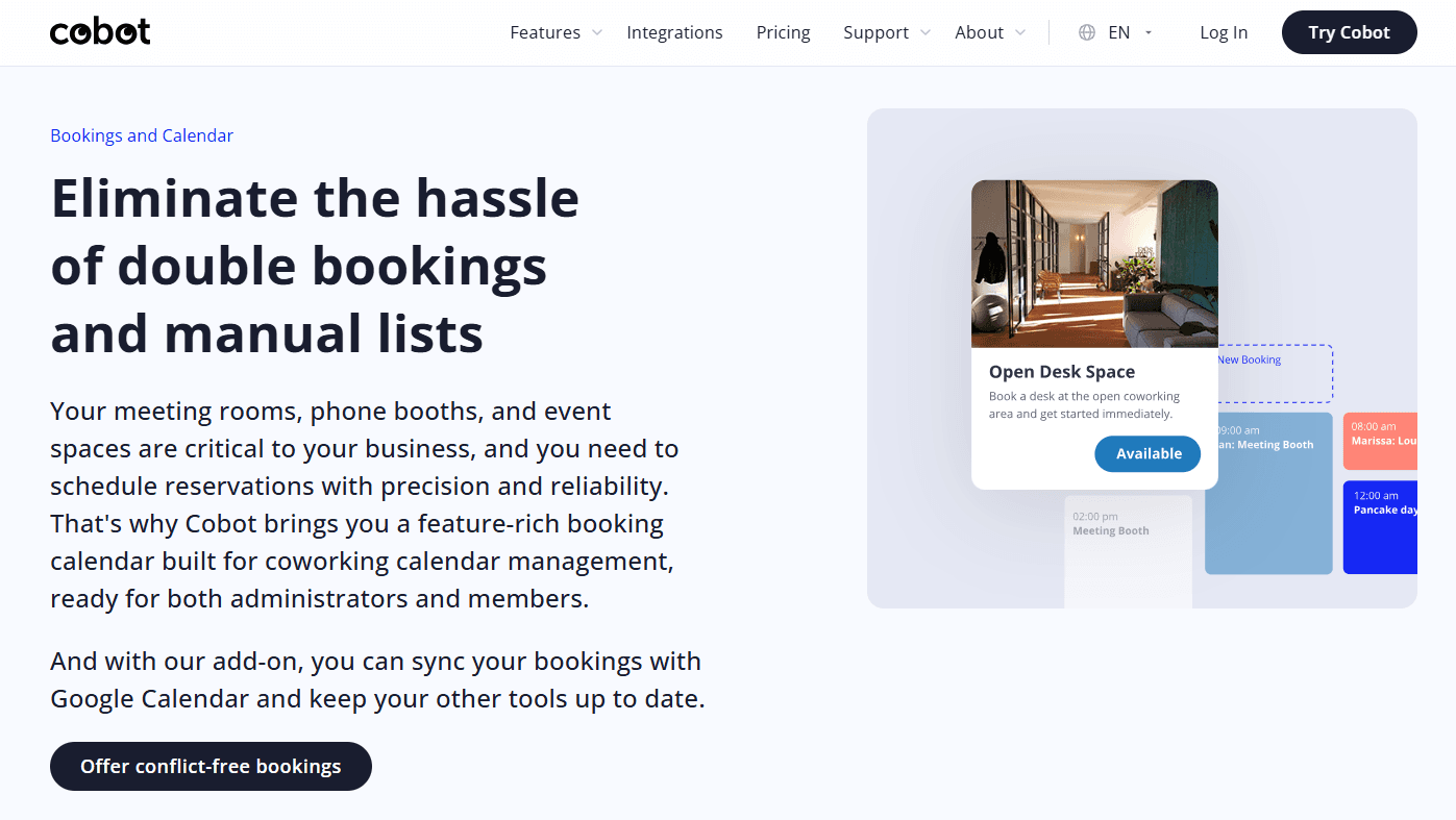 Cobot coworking booking software homepage