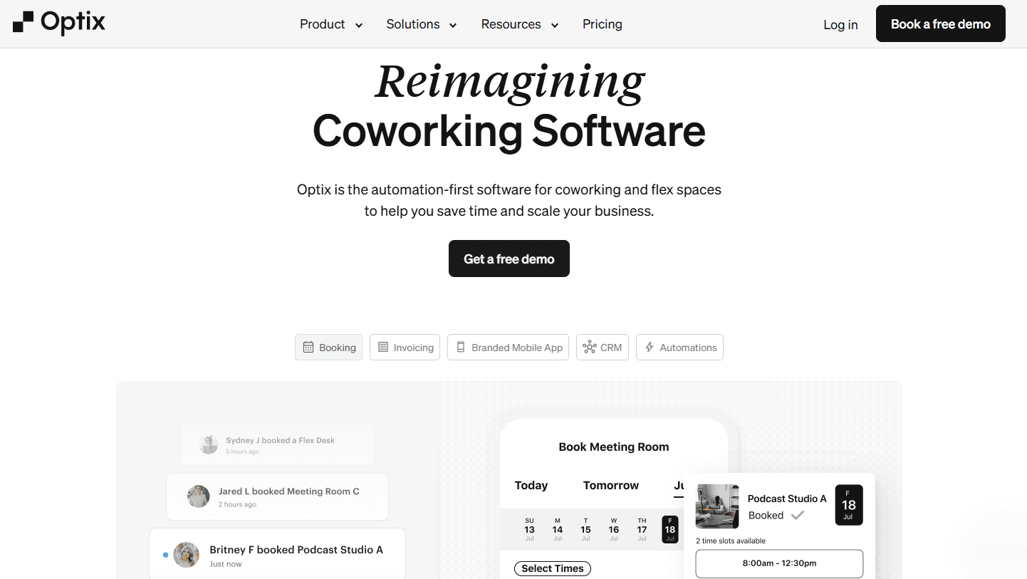 Optix coworking software homepage screenshot