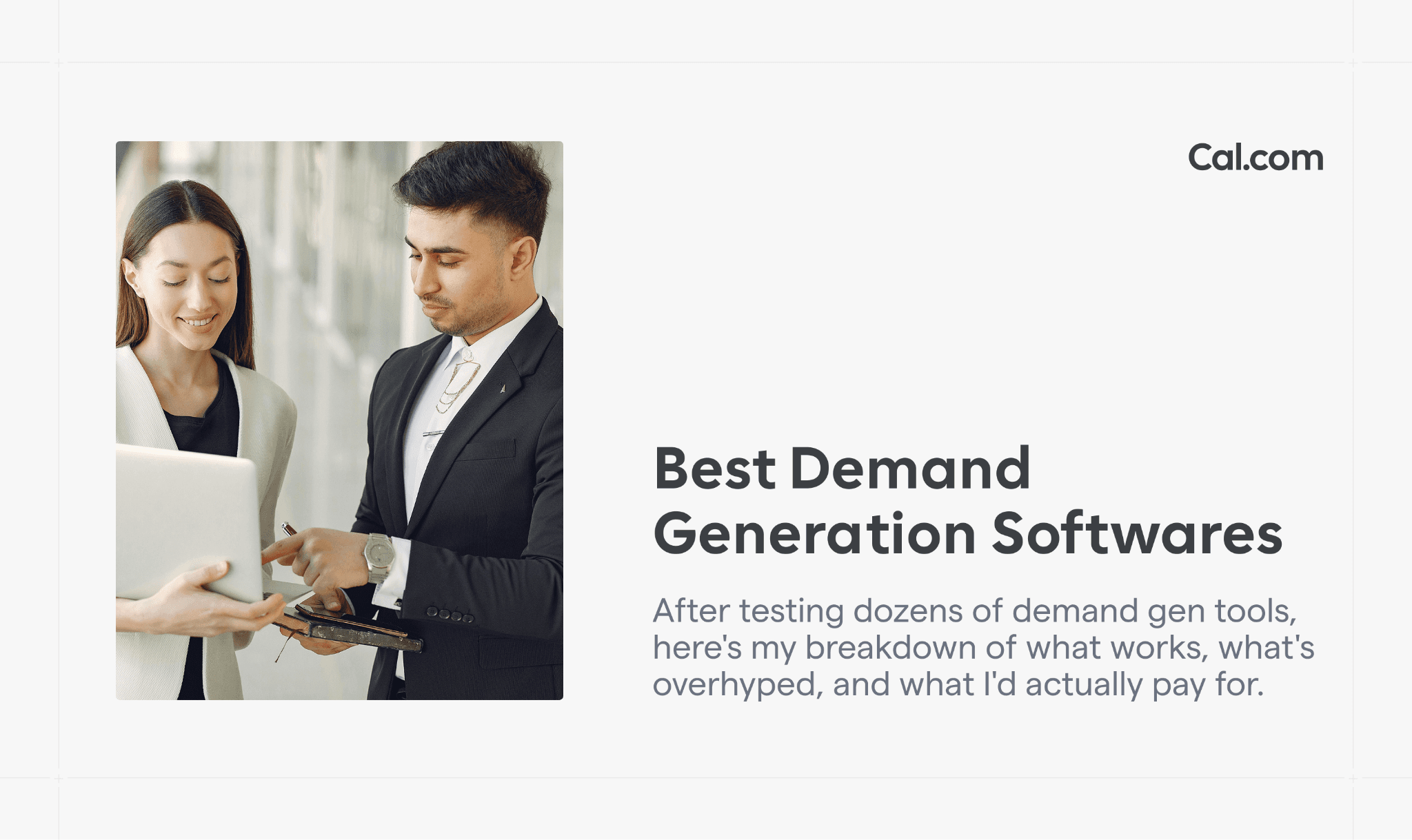 Coworkers reviewing tablet next to demand generation blog title
