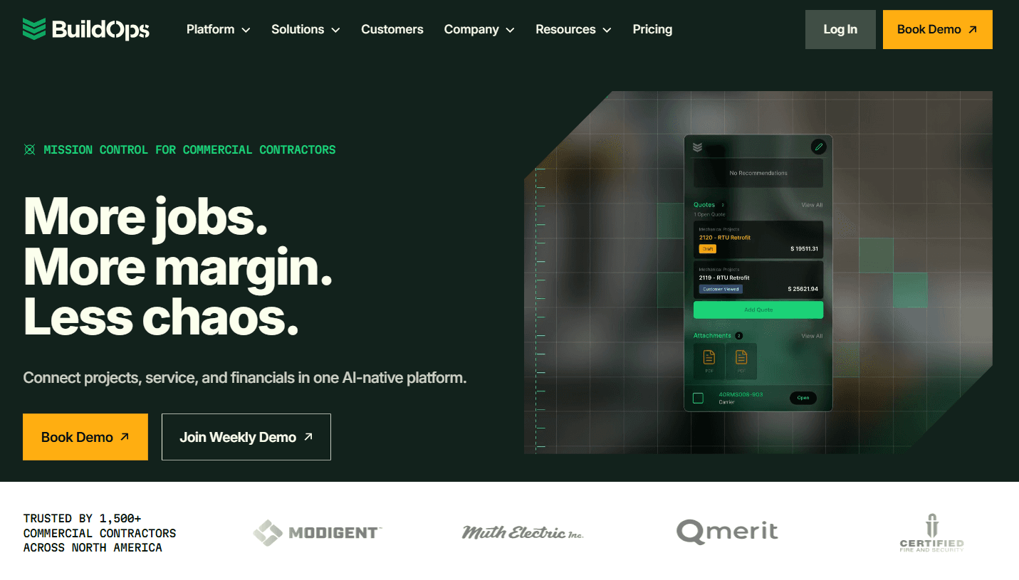 Screenshot of BuildOps homepage hero section