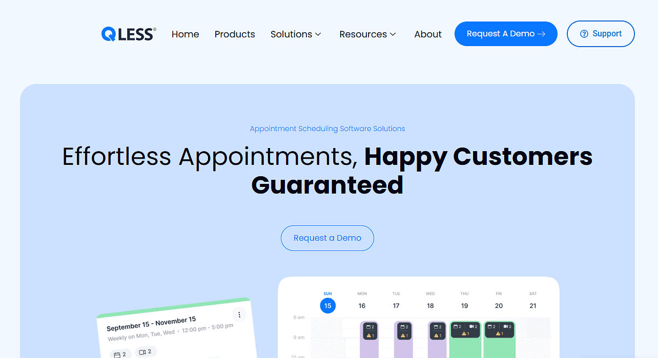 Screenshot of Qless appointment scheduling homepage