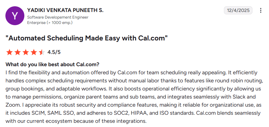 Screenshot of a G2 review for Cal.com