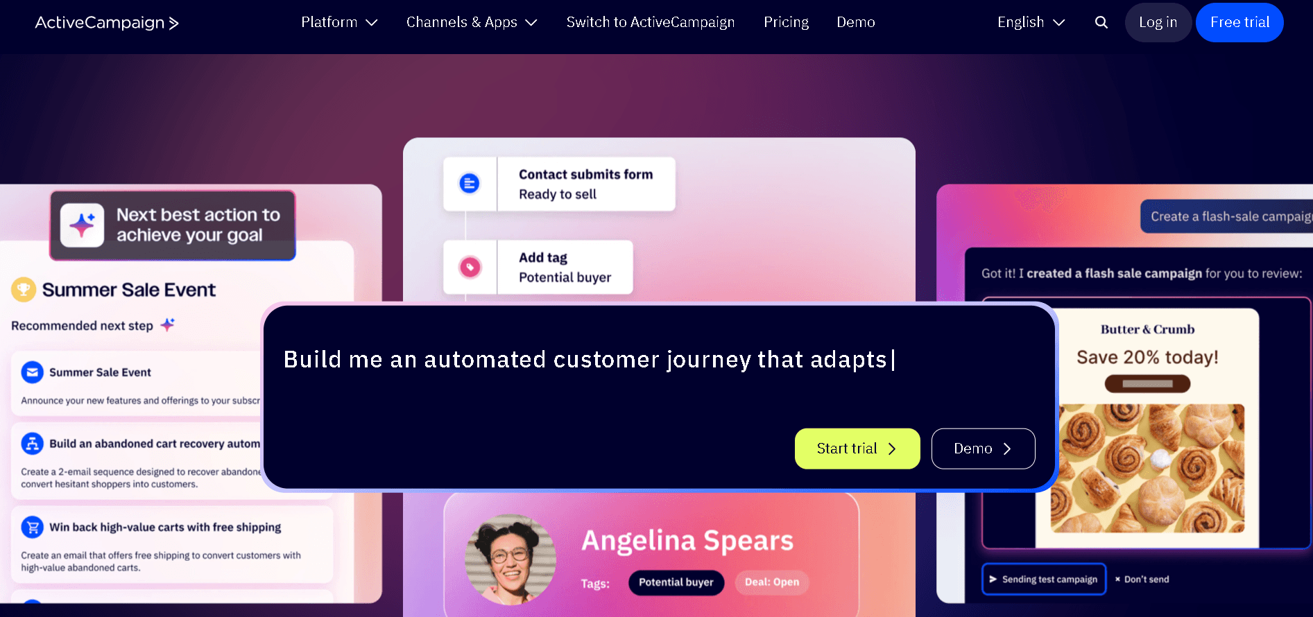 ActiveCampaign product interface highlighting AI-powered marketing tools, automated customer journey builders, and behavioral tagging dashboards.