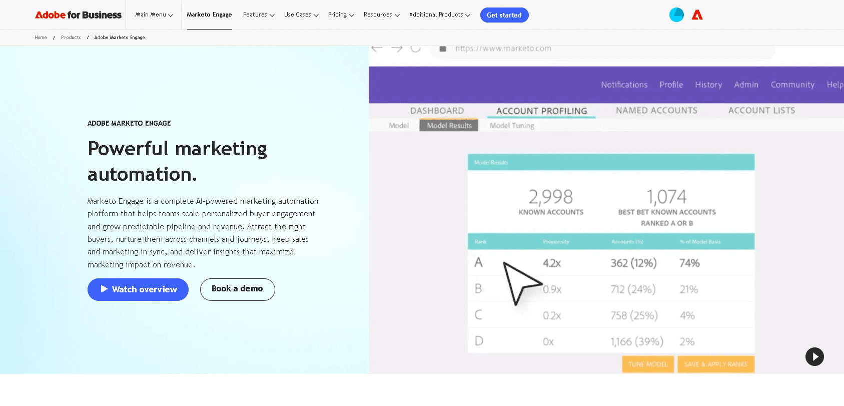 Adobe Marketo Engage product interface displaying account profiling matrices, lead management automation rules, and predictive pipeline analytics dashboards.