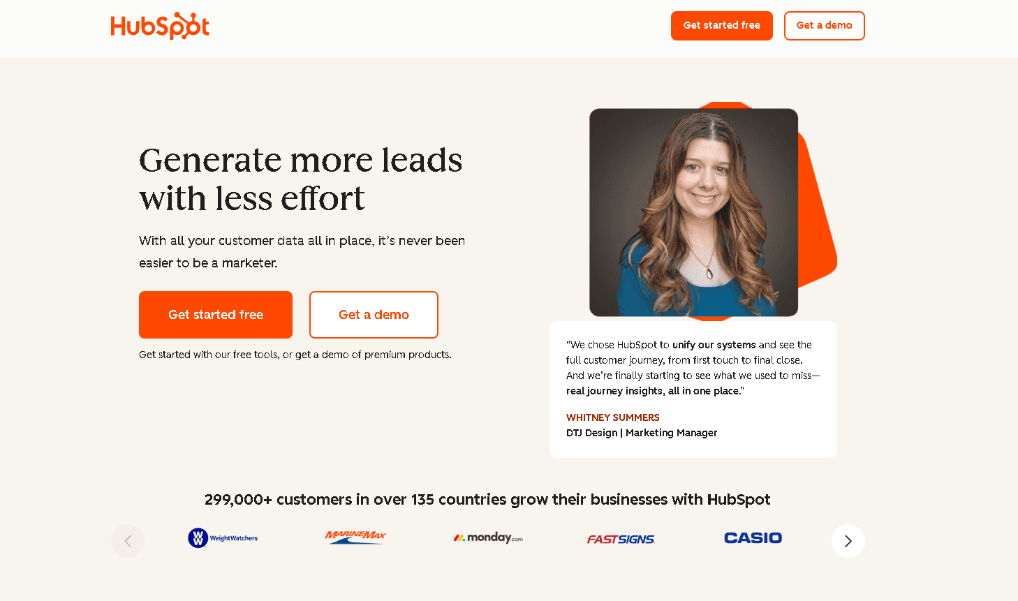 HubSpot Marketing Hub homepage layout showcasing lead generation features and user testimonials.