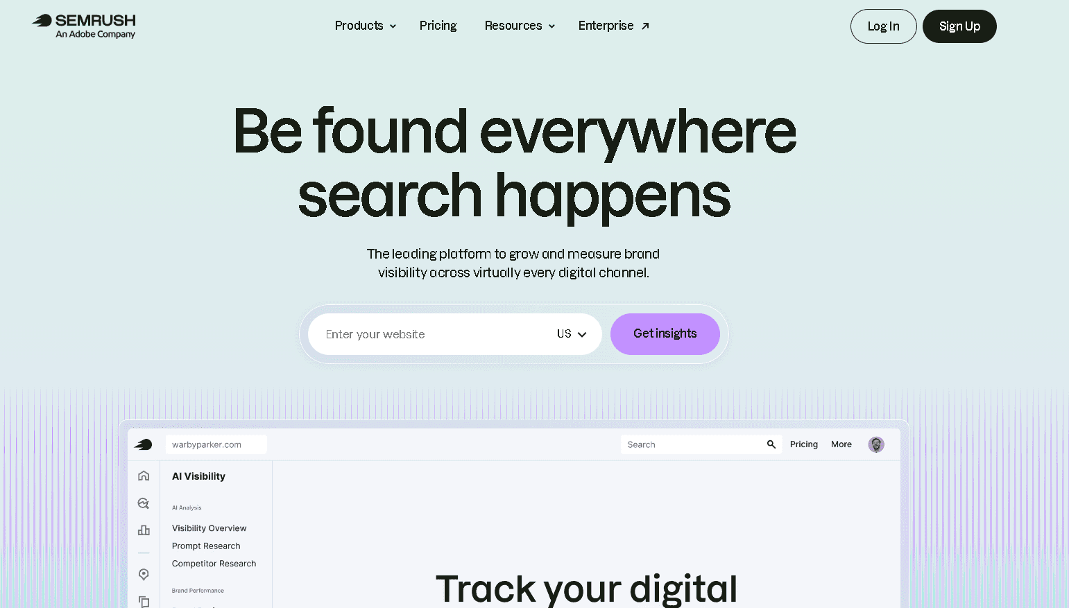 Semrush homepage interface highlighting SEO tools, competitor analysis metrics, and digital brand visibility search solutions.