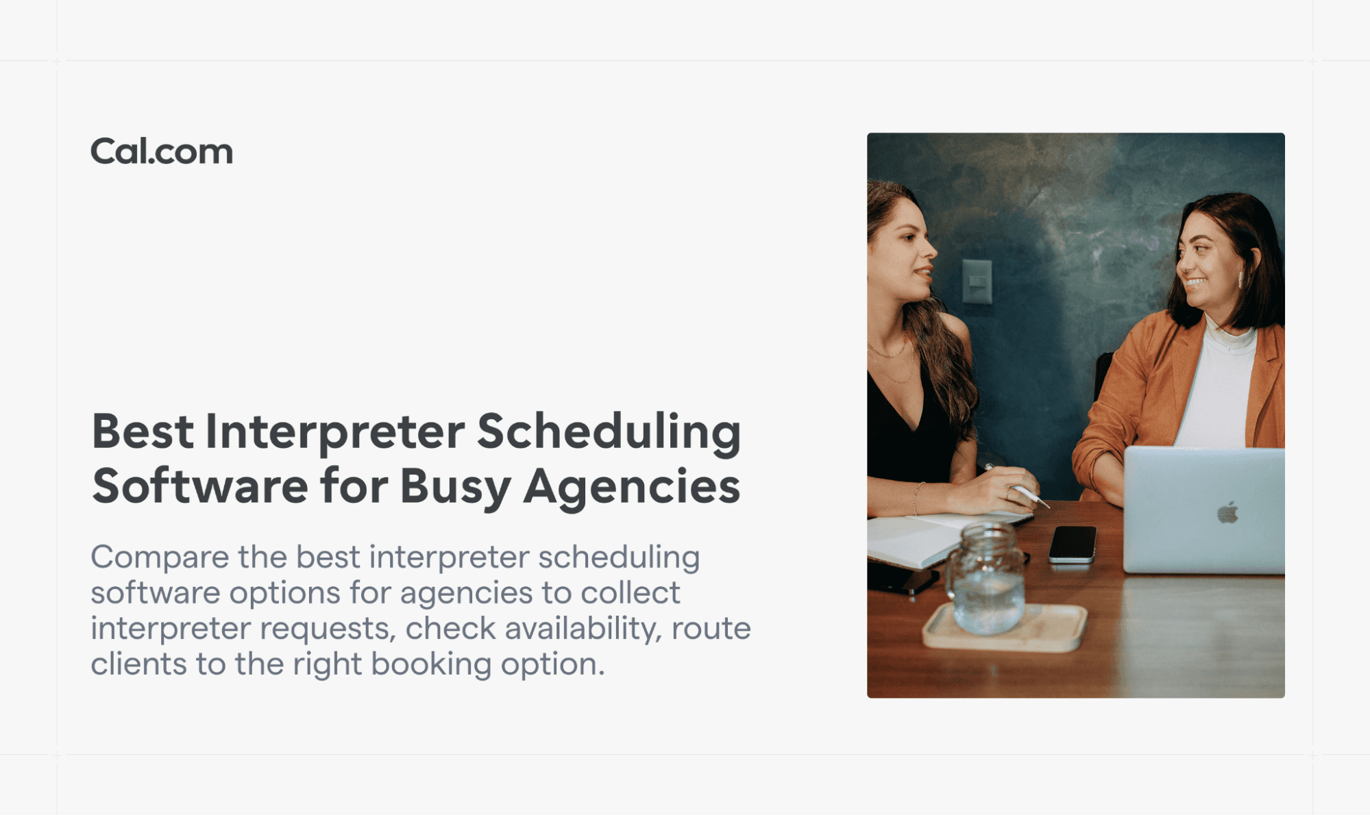 Two people at a laptop, interpreter scheduling blog cover