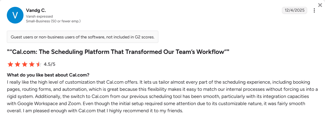 G2 review screenshot for Cal.com