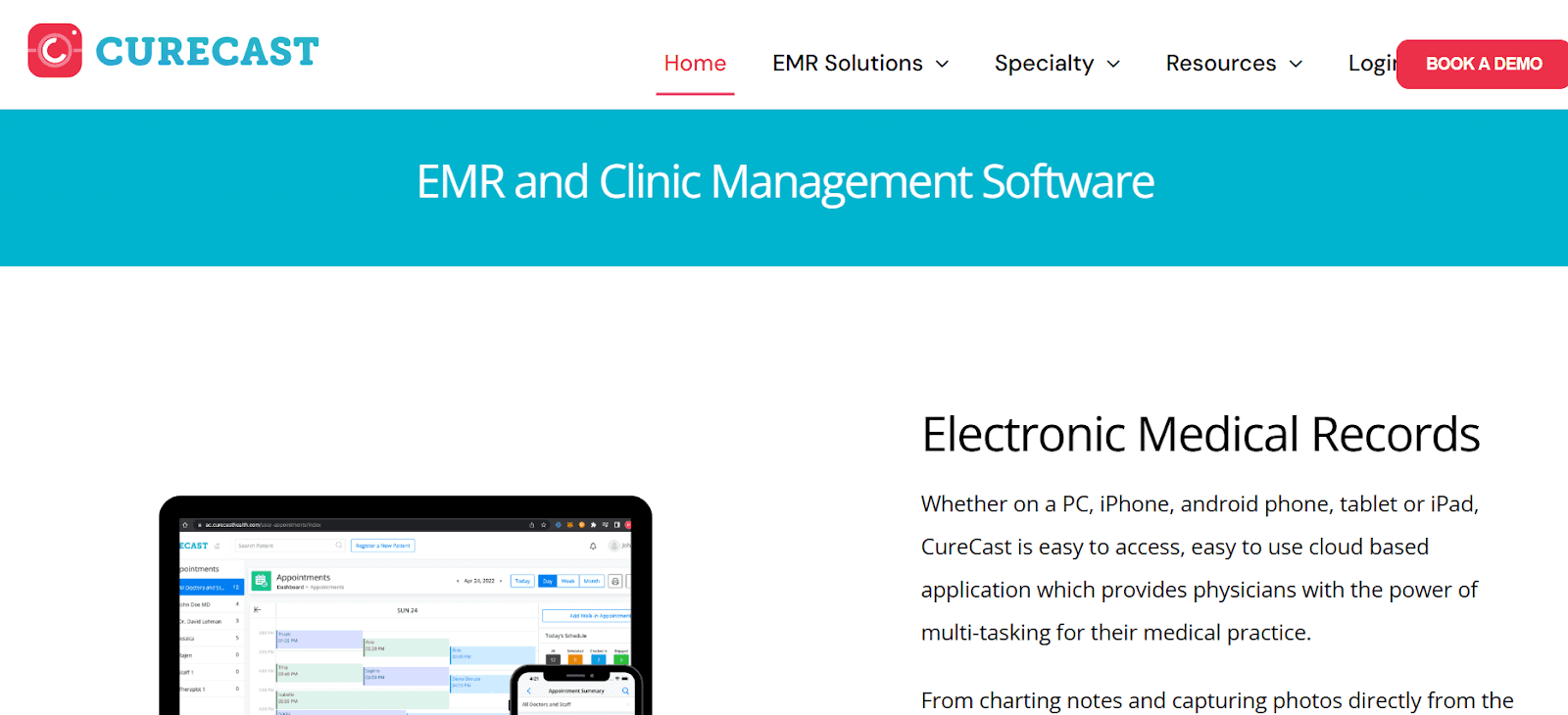 Image showing the homepage of CureCast