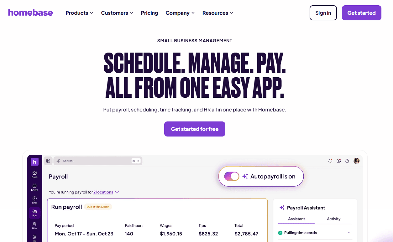 Homebase scheduling and payroll app homepage