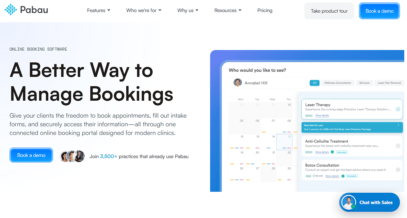 Pabau booking software homepage hero section