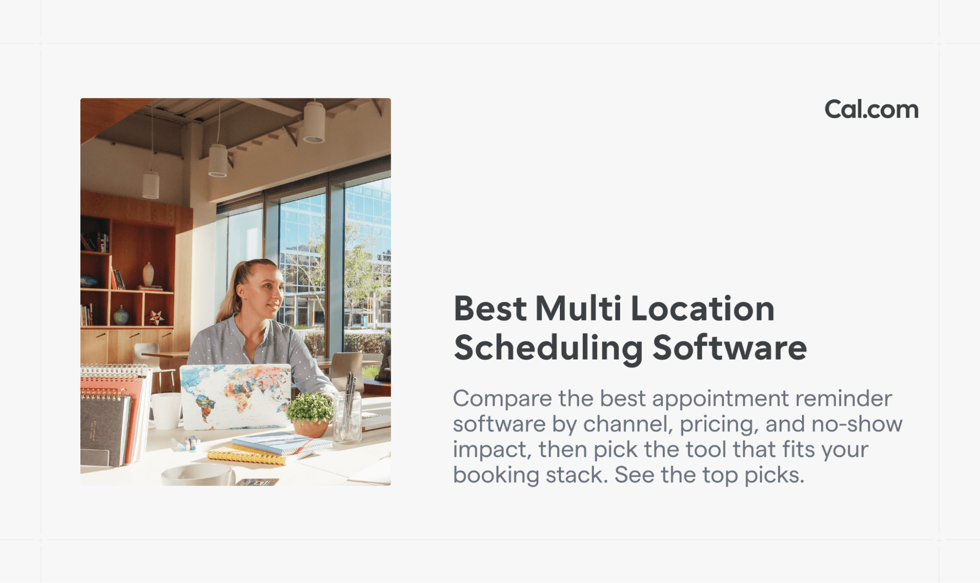 Cal.com multi-location scheduling article with woman on laptop