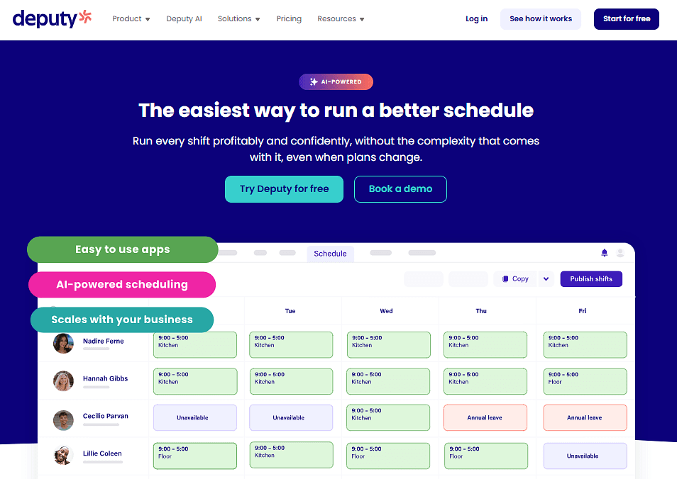 Deputy homepage hero with schedule screenshot