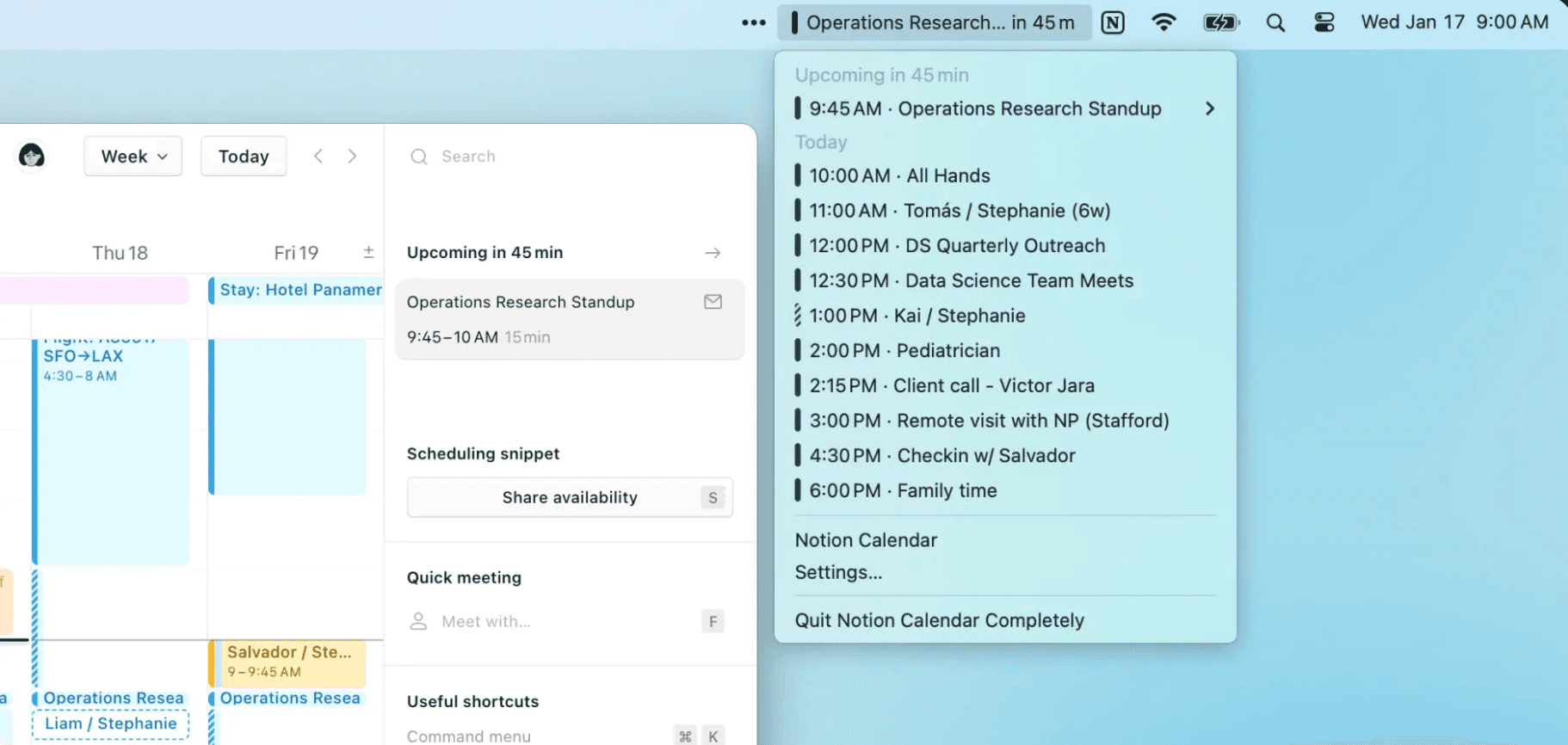 Illustration of Notion Calendar's week view with a menu bar showing upcoming meetings and scheduling shortcuts