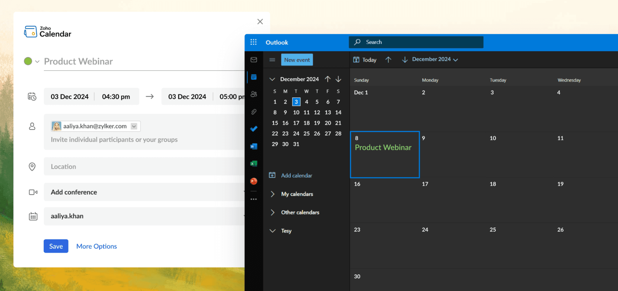 illustration of Zoho Calendar's event creation form alongside its synced Outlook calendar view