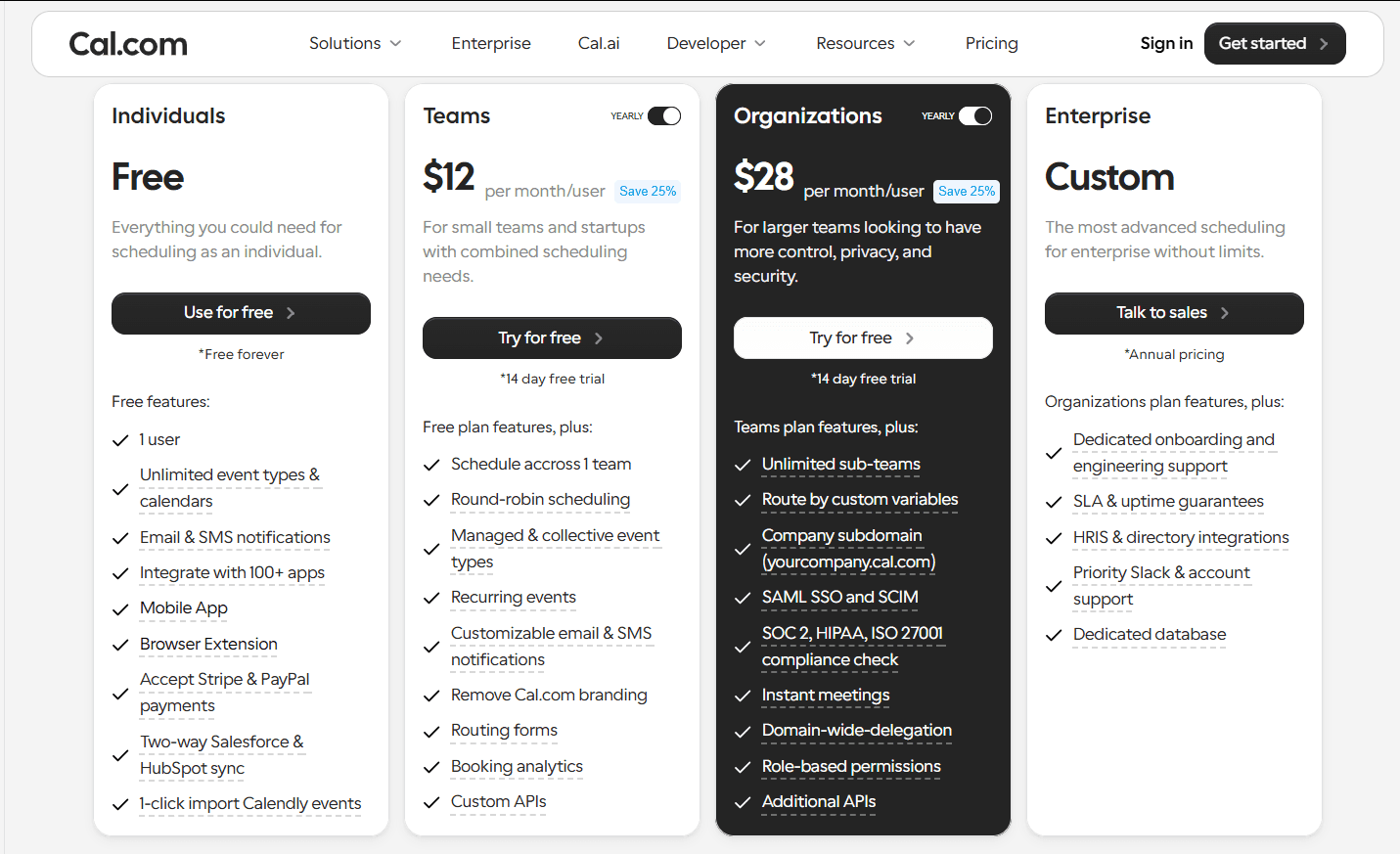 Cal.com pricing page
